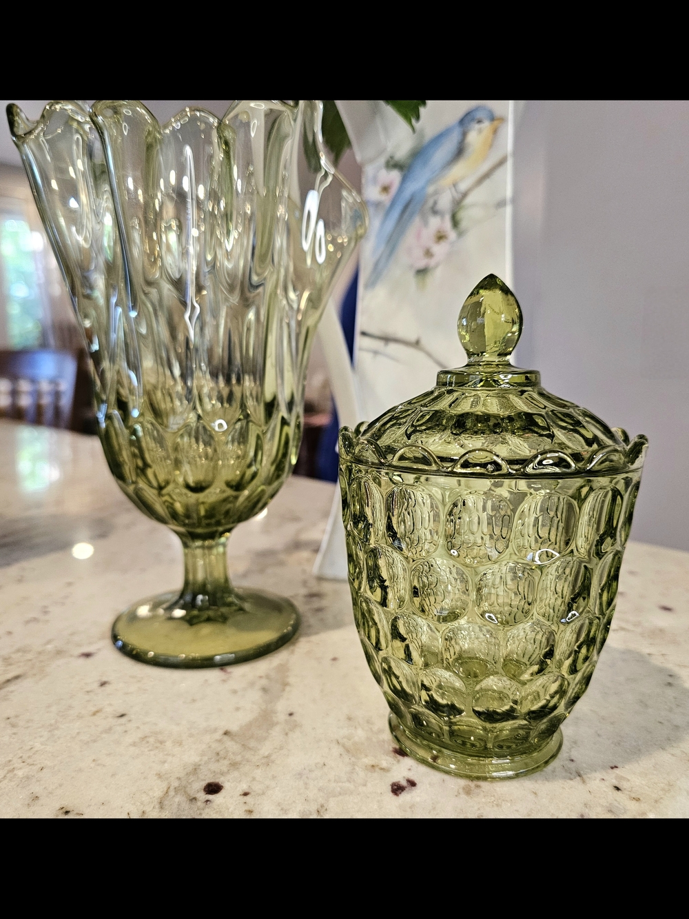Thumbprint Colonial Green Glass Fenton Sugar Bowl scalloped Edges Home Accents